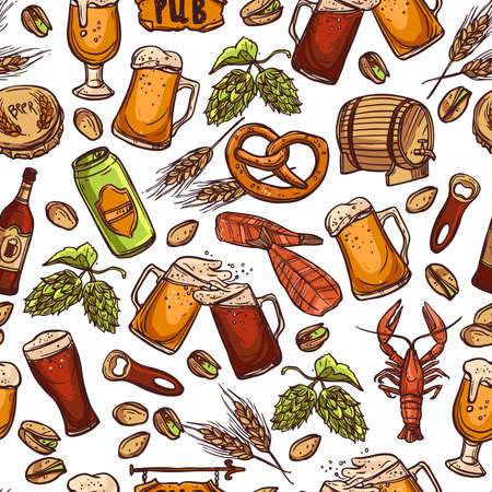 Beer seamless pattern with hand drawn drink elements vector illustrationのイラスト素材