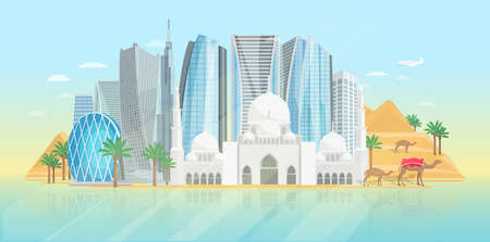 United arab emirates poster with view at mosque and modern buildings on blue background vector illustrationのイラスト素材