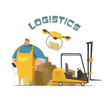 Logistics retro cartoon concept with worker loader and boxes vector illustrationのイラスト素材