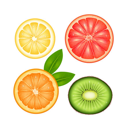Sliced fruits top view set of lemon grapefruit orange and kiwi isolated vector illustrationのイラスト素材