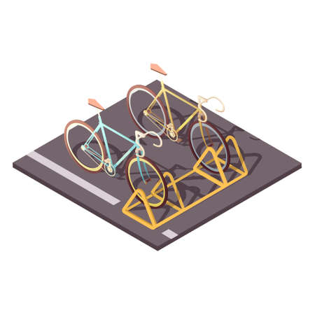 Bicycle parking concept with city bike ride symbols isometric vector illustrationのイラスト素材