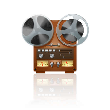Nostalgic vintage bobbin tape player recorder device icon print with mirror reflection abstract vector illustrationのイラスト素材