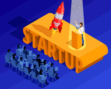 Business startup isometric template with businessman and audience on presentation of project launch...