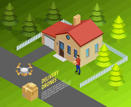 Drones delivery isometric template with logistic futuristic method of post and cargo transportation vector illustrationのイラスト素材