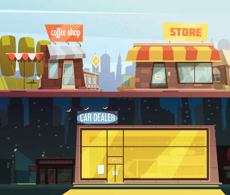 Store buildings horizontal banners set with car dealer symbols cartoon isolated vector illustrationのイラスト素材