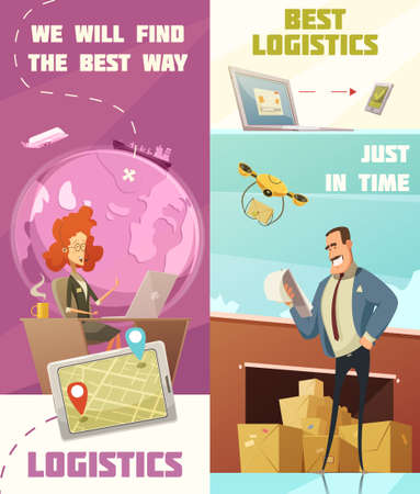 Logistics vertical cartoon banners set with cargo symbols isolated vector illustrationのイラスト素材