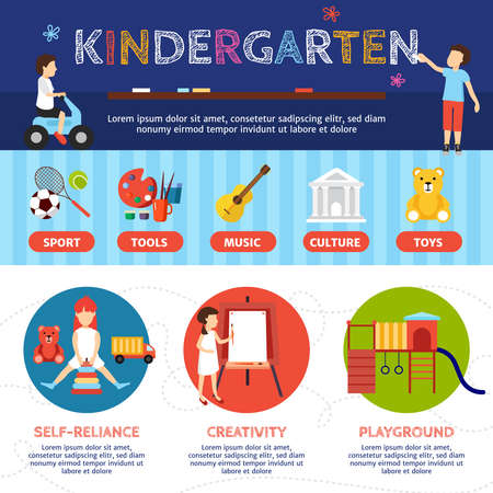 Kindergarten infographic set with sport and culture symbols flat vector illustrationのイラスト素材