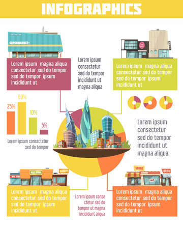 Store buildings infographic set with supermarket symbols cartoon vector illustrationのイラスト素材