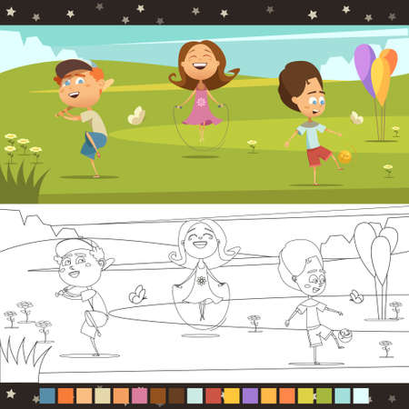 Playing kids coloring cartoon horizontal page with color scheme isolated vector illustrationのイラスト素材