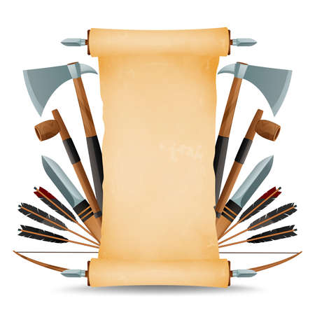 Symbolic ancient native americal indian tribe blank parchment scroll on holder decorated with weapon abstract vector illustrationのイラスト素材