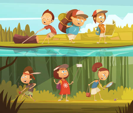 Kids camping horizontal cartoon banners set with map and selfie isolated vector illustrationのイラスト素材