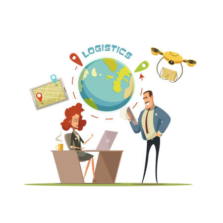 Logistics and delivery retro cartoon concept with globe and transportation symbols vector illustrationのイラスト素材