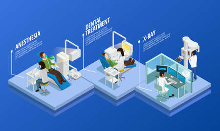 Dentistry isometric template with different stages of medical care in stomatology on blue background isolated vector illustrationのイラスト素材