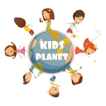 Playing kids cartoon concept with kids planet symbols vector illustrationのイラスト素材