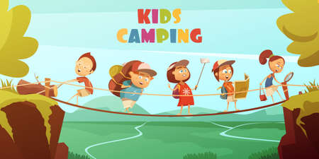 Camping kids background with cliffs valley and bridge cartoon vector illustrationのイラスト素材