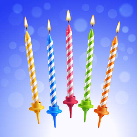 Realistic 3d colorful birthday cake burning candles set on blue background vector illustrationのイラスト素材