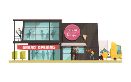Fashion boutique building with grand opening symbols cartoon vector illustrationのイラスト素材