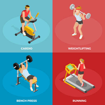 Gym sport isometric concept with different physical activities and sports exercises isolated vector illustrationのイラスト素材