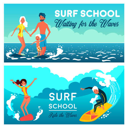 Surf school horizontal banners with young girl and boy on surfboard at wave background flat vector illustrationのイラスト素材