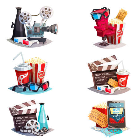 Set of 3d cartoon cinema design concepts with elements of cinematography equipment and viewers accessories  isolated vector illustrationのイラスト素材