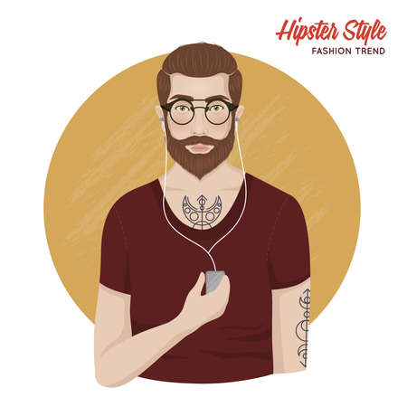 Hipster style template with man shirt beard mustache tatoos glasses headphones isolated vector illustrationのイラスト素材