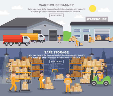 Warehouse horizontal banners with storage workers engaged in loading and unloading of goods flat vector illustrationのイラスト素材