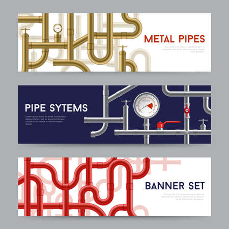 Pipe system horizontal realistic banners set isolated vector illustrationのイラスト素材