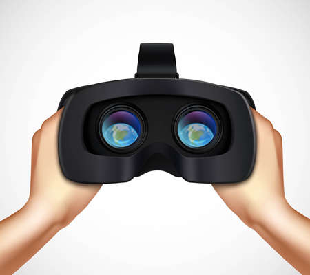 Hands holding virtual augmented reality headset for computer games simulators and training realistic closeup image vector illustrationのイラスト素材