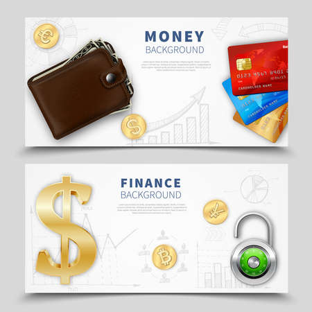 Realistic money horizontal banners with leather wallet colorful bank cards padlock dollar sign gold coins vector illustrationのイラスト素材