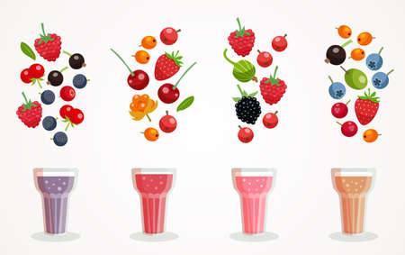 Berry smoothies glasses composition with images of ingredients included in each drink flat vector illustrationのイラスト素材