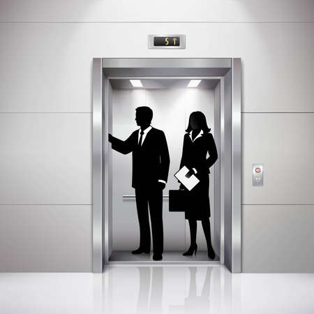Formally dressed man and woman silhouettes in realistic business center elevator image with lights...