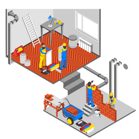 Interior repairs isometric composition with workers equipment and paint vector illustrationのイラスト素材