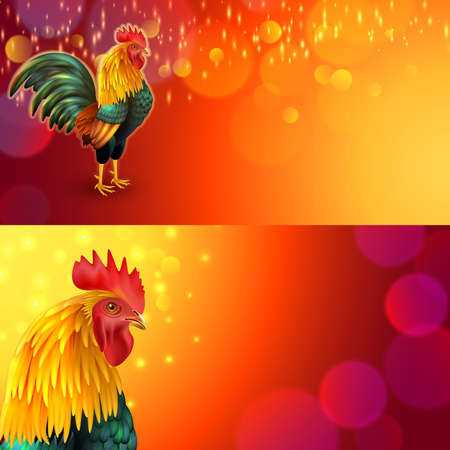 Rooster on festive background horizontal banner set isolated vector illustrationのイラスト素材