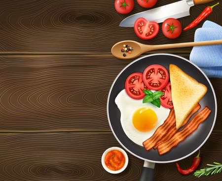 Breakfast in frying pan appetizing realistic top view image of egg bacon tomatoes dark wood background vector illustrationのイラスト素材