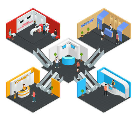 Multistore exhibition isometric composition with promotion and marketing symbols vector illustrationのイラスト素材
