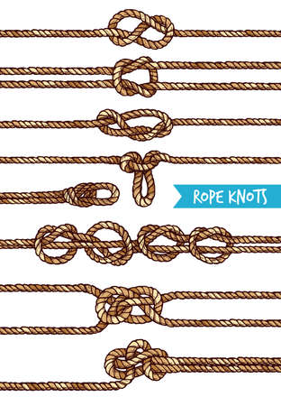 Rope knots set of different nodes and shapes in hand drawn style isolated vector illustrationのイラスト素材
