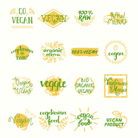 Vegan retro elements set of labels stickers tags badges and emblems isolated vector illustrationのイラスト素材