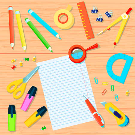 Office supplies background with pencils tape ruler pushpins markers protractor pen scissors compass paperclips magnifier paper vector illustrationのイラスト素材