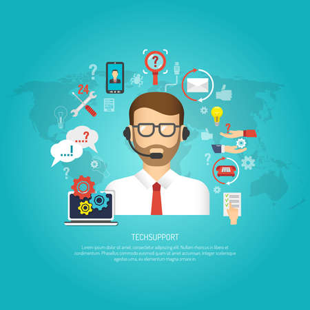 Tech support concept with male operator and customer service symbols flat vector illustrationのイラスト素材