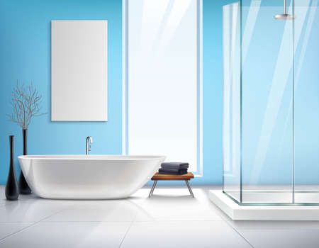 Modern light bathroom realistic interior design with white bath shower cabin decorations and...