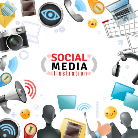 Social media template with modern devices technologic elements and signs on white background vector illustrationのイラスト素材