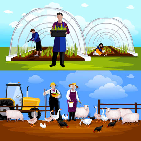 Forcing tunnel planing gardeners and sheep and  geese feeding farmers 2 flat horizontal banners isolated vector illustrationのイラスト素材