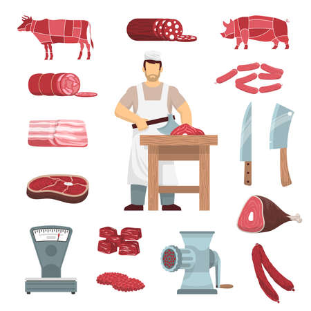 Flat colored icons set of meat products butchers guide images vintage grinder and scales isolated vector illustrationのイラスト素材