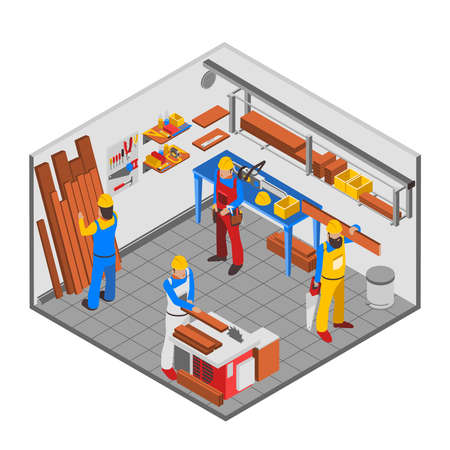 Woodwork people isometric concept with equipment tools and room vector illustrationのイラスト素材