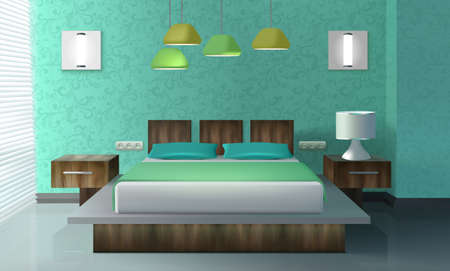 Bedroom interior design with bed bedside table and lamp realistic vector illustrationのイラスト素材