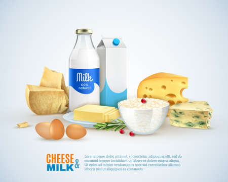 Milk products template with different sorts of cheese eggs carton and butter isolated vector illustrationのイラスト素材