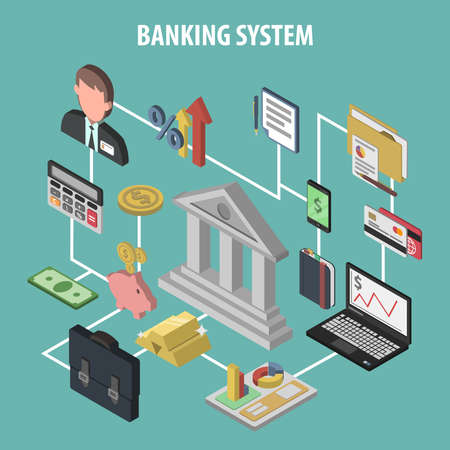 Bank concept with isometric financial and investment icons vector illustrationのイラスト素材