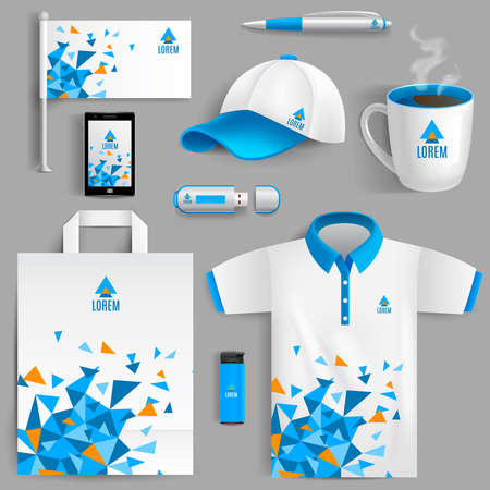 Corporate identity ad objects in blue abstract geometric design isolated vector illustrationのイラスト素材