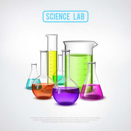 Laboratory equipment composition with realistic glass test tubes colorful liquids flat isolated vector illustrationのイラスト素材
