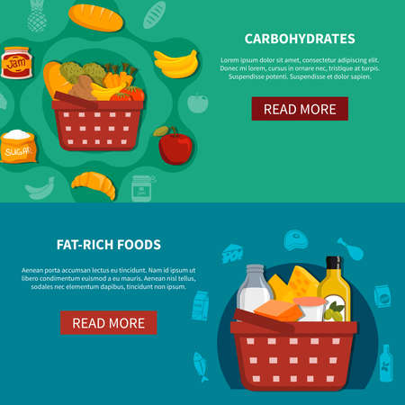 Supermarket food 2 horizontal banners set with read more button basket carbohydrates fat rich foods green blue background flat vector illustrationのイラスト素材